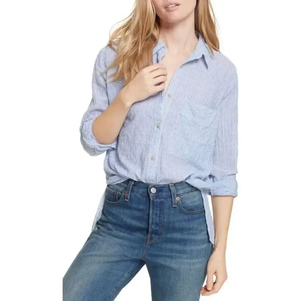 Free People No Limits Stripes Button Down Shirt In Blue